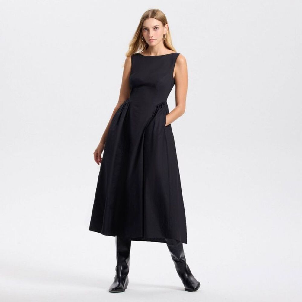 Women's Gathered Waist Midi A-Line Dress - A New Day Black XS